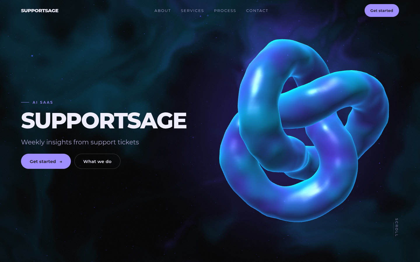 Desktop view of the AI SaaS site: a white title beside a glowing blue 3D torus knot on a dark violet sky.