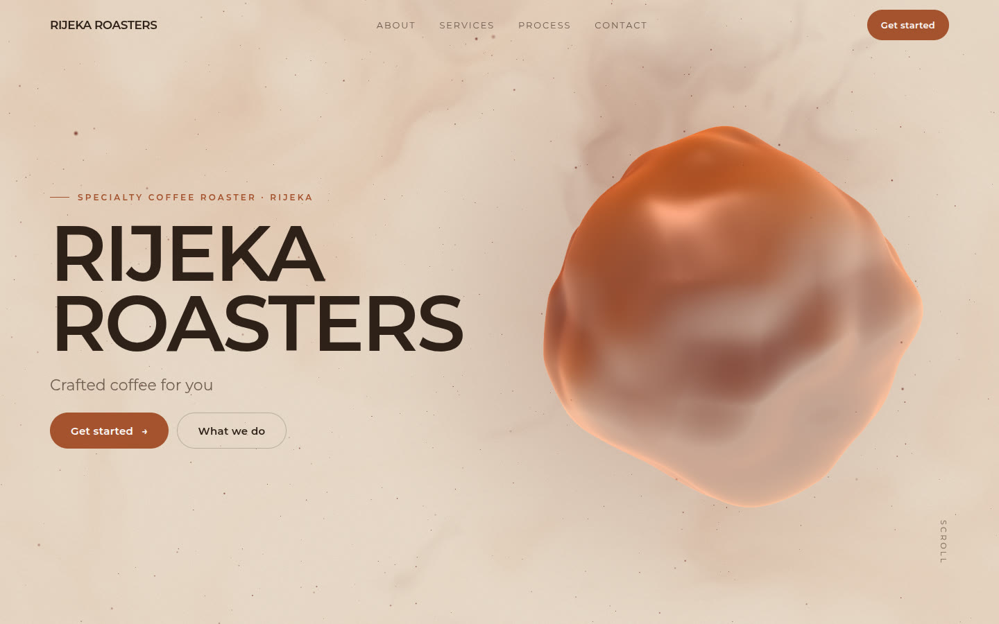 Desktop view of the coffee roaster site: a large title beside a glossy copper 3D blob on a cream background.