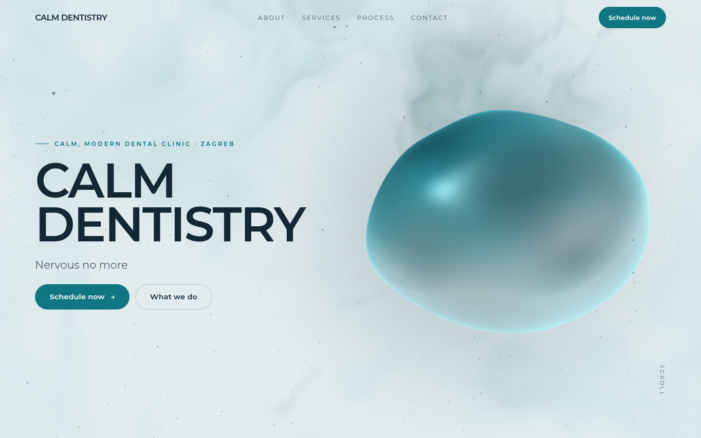 Desktop view of the dental clinic site: a large navy title beside a soft teal 3D pebble on a pale background.